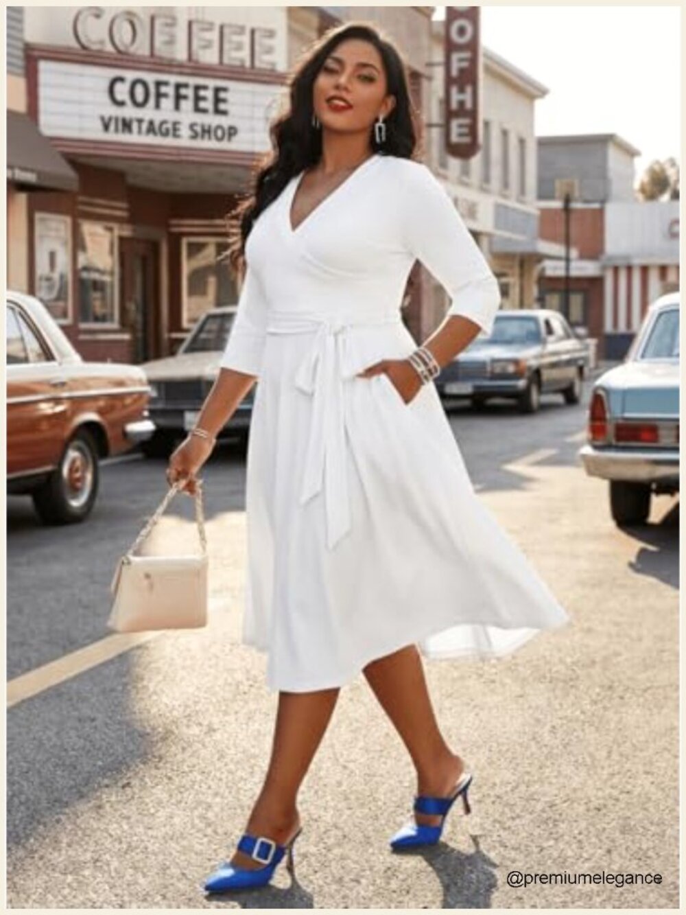 Plus Size Wrap Cocktail Dress with Pockets 3/4 Sleeve V Neck Midi - Picture 3 of 7